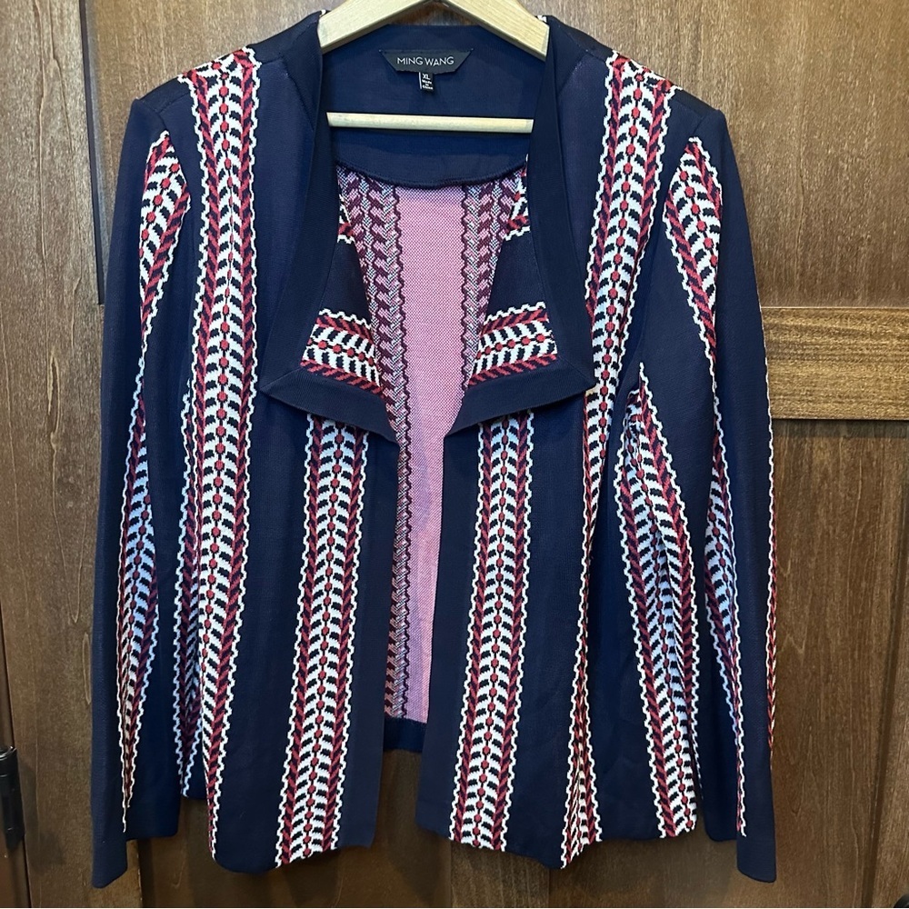 Ming Wang Navy Open-Front Knit Jacket with Red & White Stripe Detail
